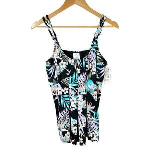 Swim Solutions Bring Me Flowers Pleated Front Tankini Swim Top Size 16